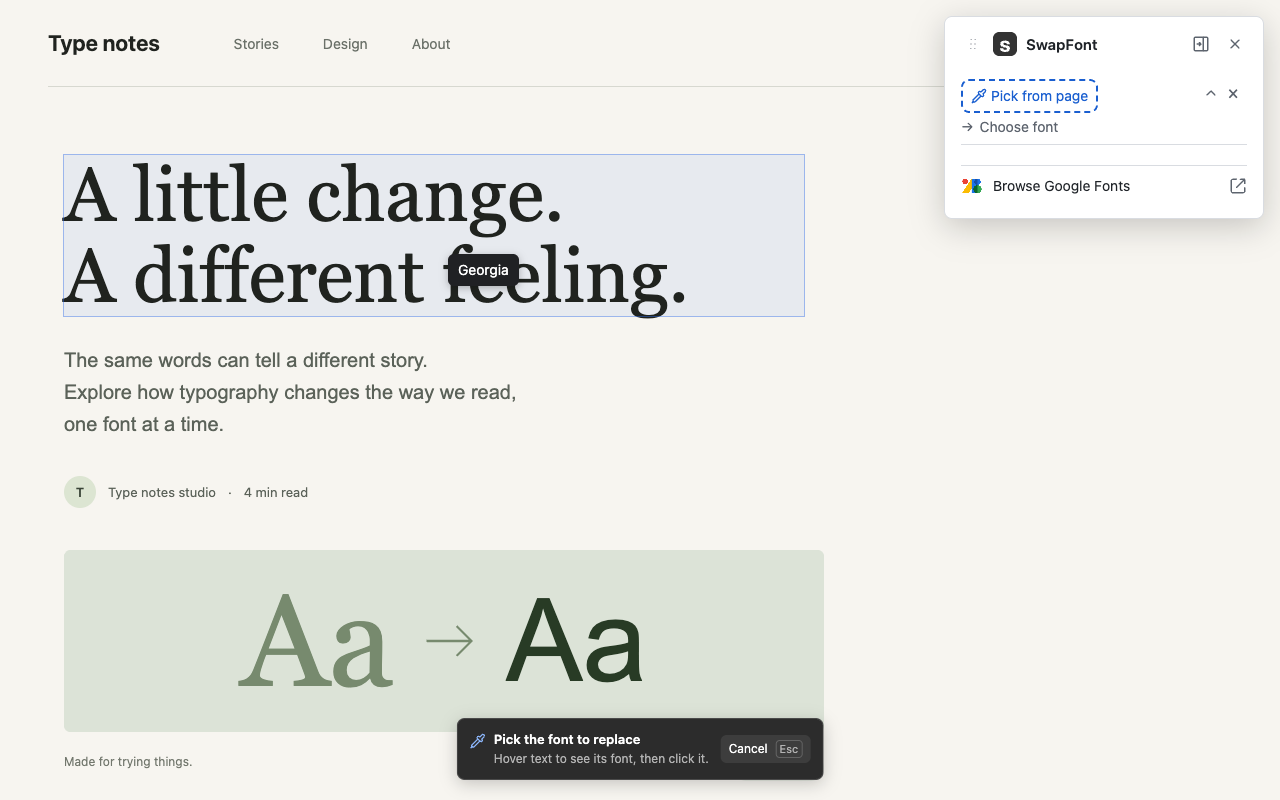 Hovering the article heading shows the font name Georgia while SwapFont waits for a source pick